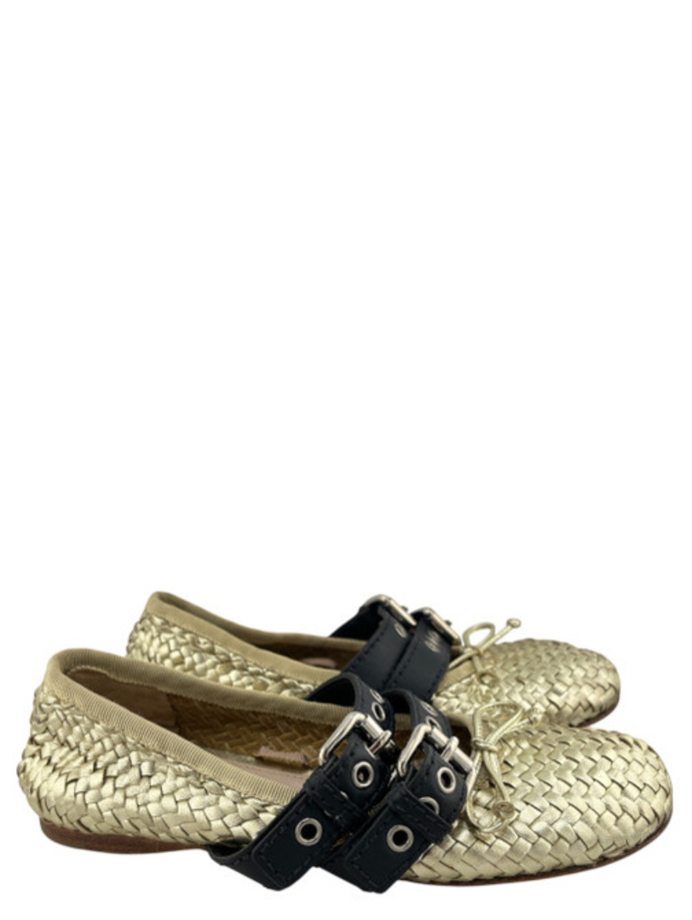Miu Miu Gold Woven Leather Flats